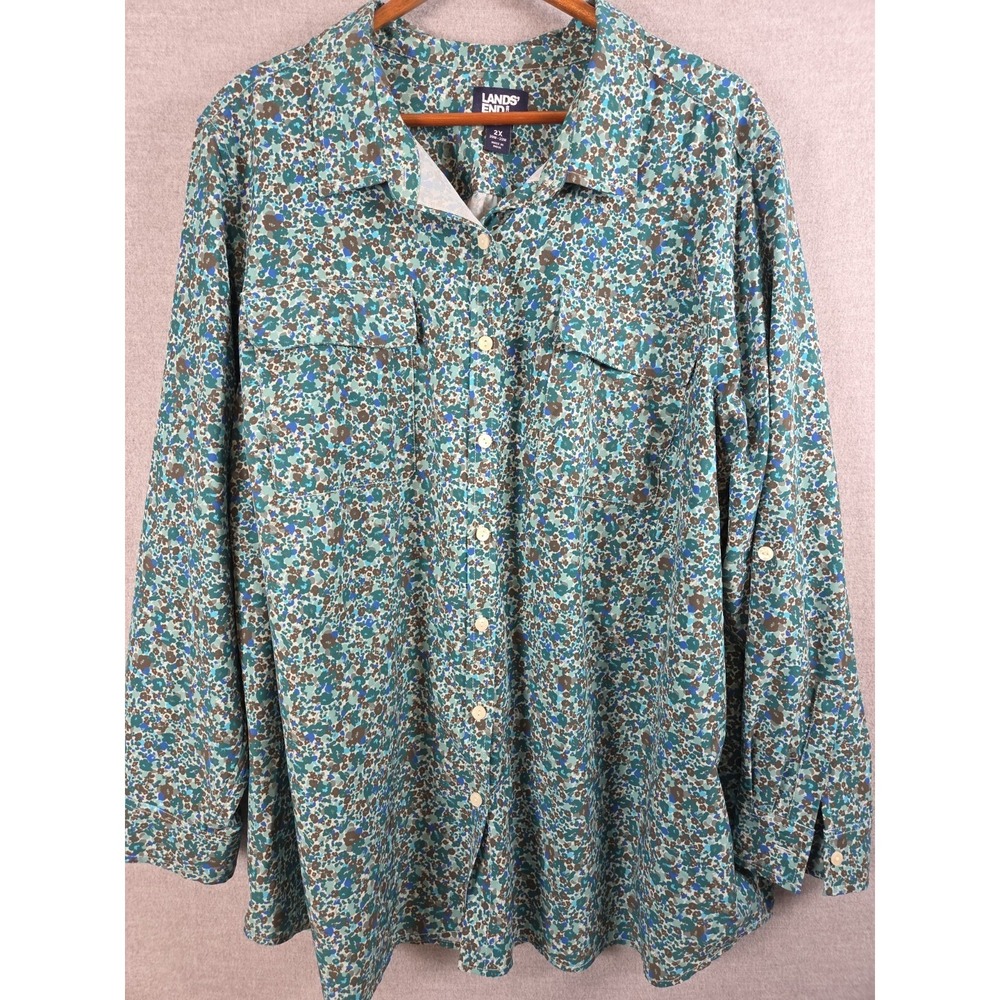 Lands End 2X Performance Stretch Shirt Earth Green Brown Multi Button‎ Up 5337